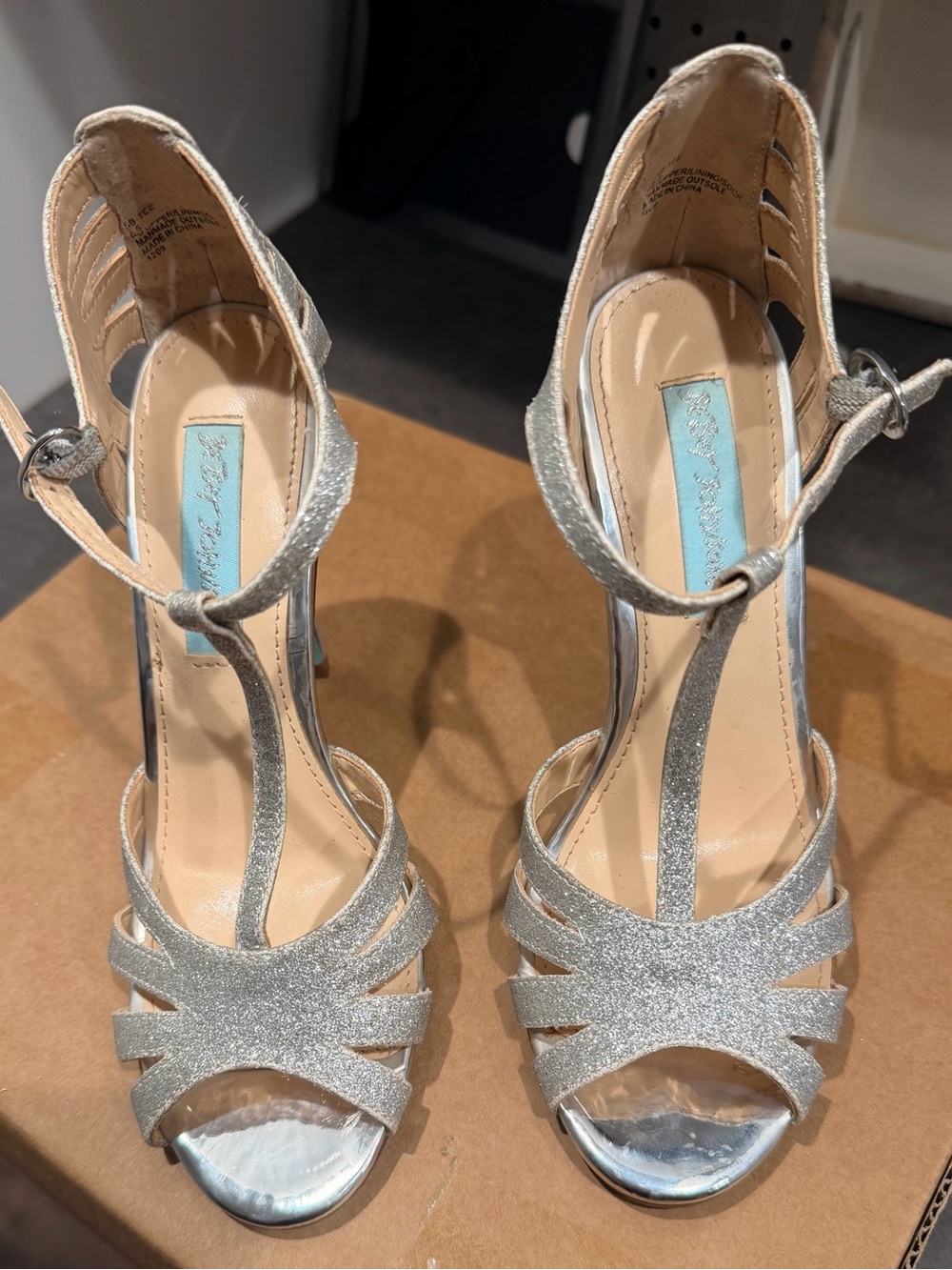 Betsey Johnson Silver Glitter T-Strap Heels